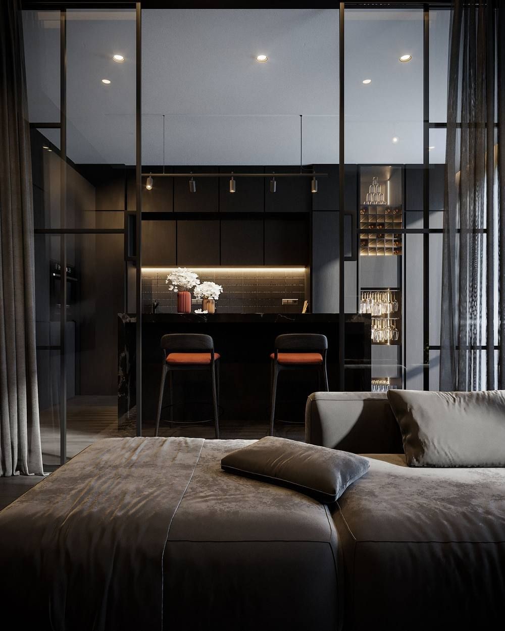Chambre séparée par une verrière